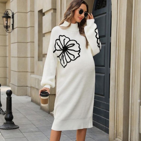 Dresses & Skirts - Elegant White Knit Dress with Black Floral Design